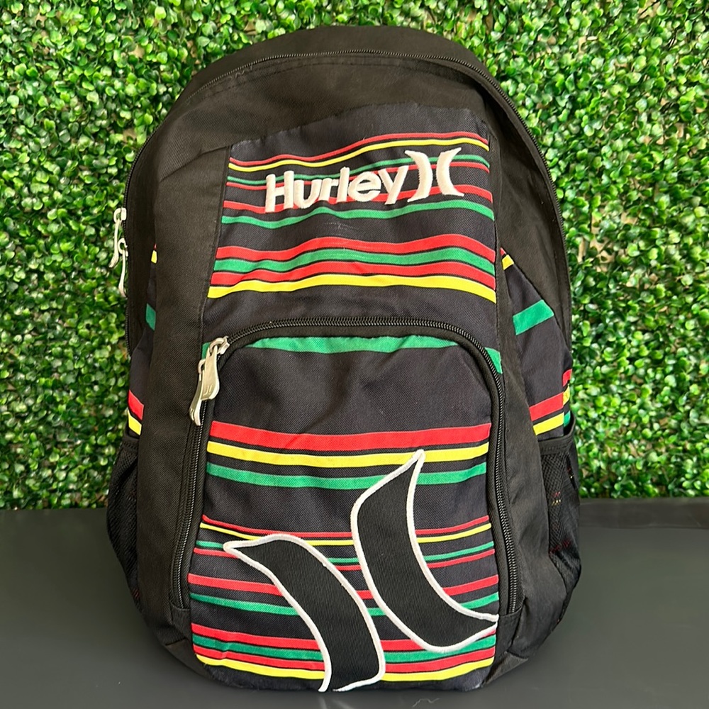 Hurley Black Backpack with Red, Green & Yellow accent stripes!